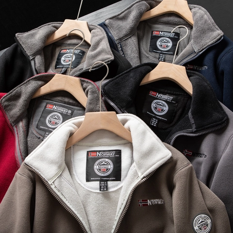 Giacca in Pile Outdoor Geographical Norway da Uomo Calda Ispessita Collo in Piedi Cappotto con Cerniera con Distintivo Ricamato per Sport Invernale