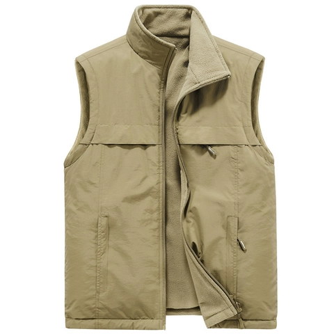 Men's Winter Reversible Fleece Vest Casual Stand Collar Windproof Sleeveless Jacket With Pockets Nylon Polyester Warm Waistcoat