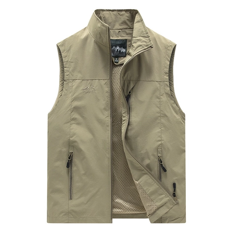 Gilet da Uomo in Nylon a Asciugatura Rapida Outdoor Casual Collo Alto Multi-tasca Pesca Fotografia Fodera in Rete Ricamato
