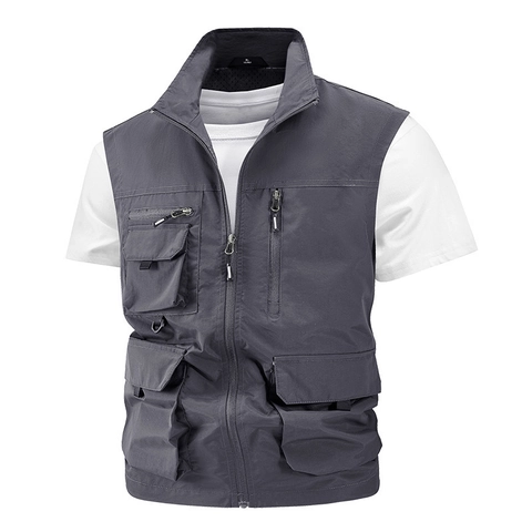 Heren Multi-pocket Utility Vest Outdoor Vissen Fotografie Sneldrogend Waterdicht Opstaande Kraag Casual Cargo Vest Top