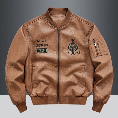 Men's Vintage PU Leather Bomber Jacket Casual Embroidered Motorcycle Faux Leather Coat With Ribbed Trim For Autumn Winter