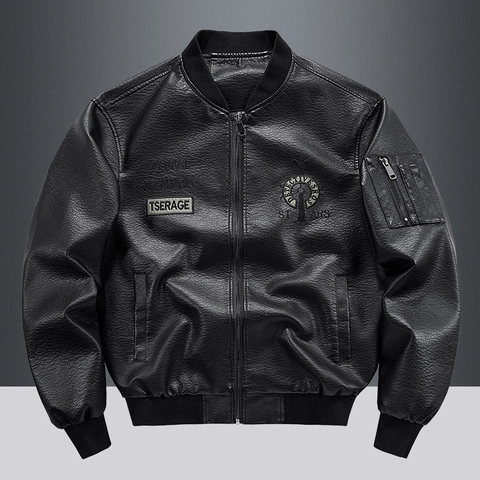 Men's Vintage PU Leather Bomber Jacket Casual Embroidered Motorcycle Faux Leather Coat With Ribbed Trim For Autumn Winter