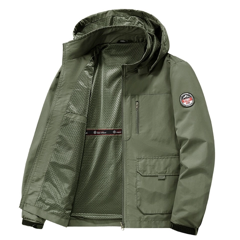Chaqueta con Capucha al Aire Libre para Hombre Cortavientos con Múltiples Bolsillos Abrigo Cargo Casual con Forro de Malla Transpirable para Moda de Primavera Otoño