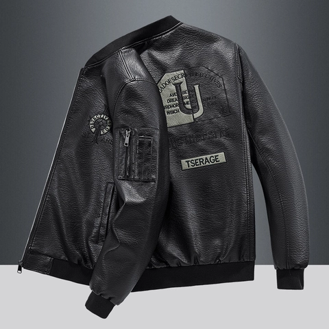 Men Fashion PU Leather Jacket Embroidered Streetwear Bomber Jacket Washed Stand Collar Casual Loose Warm Outerwear Coat