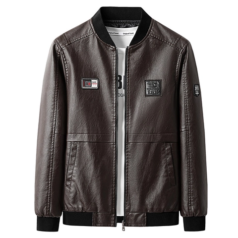 Chaqueta de Cuero PU Casual para Hombre Bordado de Letras Vintage Bomber Cortavientos Streetwear