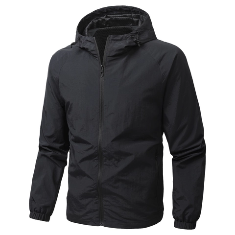 Men's Casual Hooded Windbreaker Jacket Lightweight Water Resistant Outdoor Utility Coat Solid Color Activewear Outwear