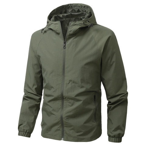 Men's Casual Hooded Windbreaker Jacket Lightweight Water Resistant Outdoor Utility Coat Solid Color Activewear Outwear