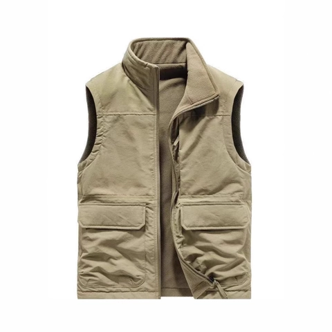 Men's Reversible Fleece Vest Stand Collar Thickened Warm Waistcoat Outdoor Utility Pocket Sleeveless Jacket Plus Size