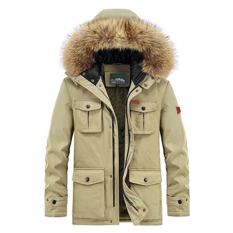 Parka da Uomo Invernale Foderato in Pile Con Cappuccio in Pelliccia Giacca Cargo Spessa Caldo Cappotto Imbottito Casual