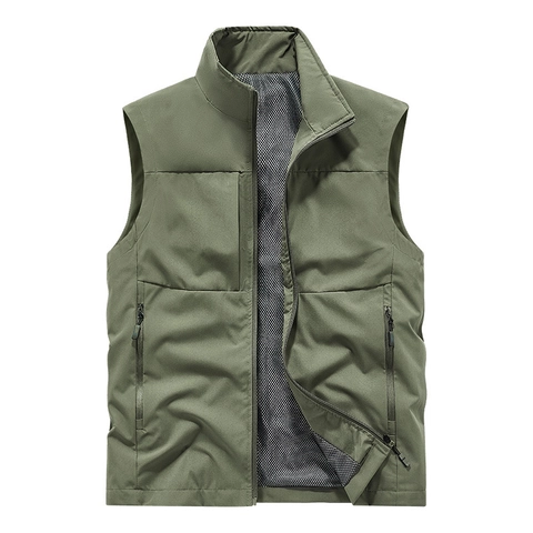 Gilet de Plein Air Décontracté Homme Col Montant Multi-poches Coupe-vent Respirant Doublure Maille Veste Utilitaire Sans Manches