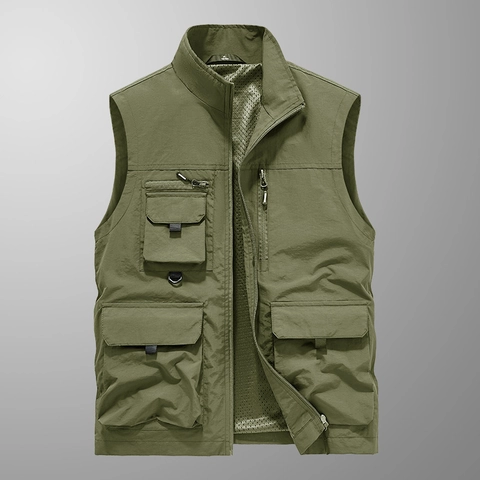Gilet de Travail Multi-poches Extérieur pour Hommes Léger Séchage Rapide Col Montant Gilet Cargo Veste sans Manches Modèle 8866