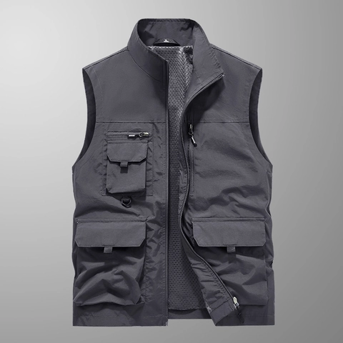 Gilet de Travail Multi-poches Extérieur pour Hommes Léger Séchage Rapide Col Montant Gilet Cargo Veste sans Manches Modèle 8866