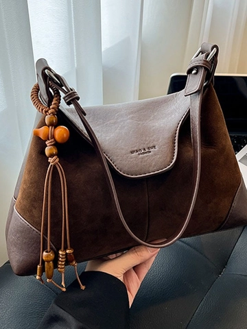 Borsa a Tracolla da Donna Vintage in Camoscio Borsa a Spalla Dumpling Opaca Retro Con Nappa in Perline di Legno Borsa alla Moda