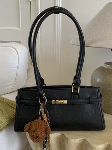 Retro PU Leather Large Capacity Shoulder Bag Women 2026 New Autumn Winter Versatile Underarm Bag Casual Tote With Bear Pendant