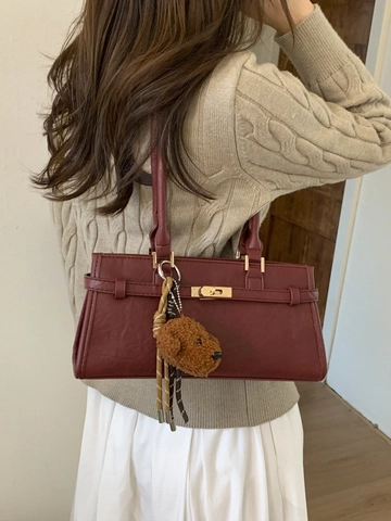 Retro PU Leather Large Capacity Shoulder Bag Women 2026 New Autumn Winter Versatile Underarm Bag Casual Tote With Bear Pendant