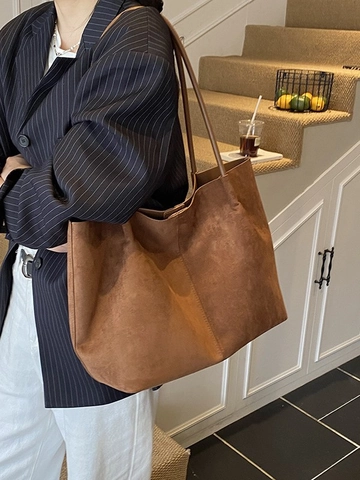 Bolso Tote Minimalista de Gran Capacidad para Mujer Retro Mate Estilo Gamuza PU Bolso de Hombro Color Sólido de Mano