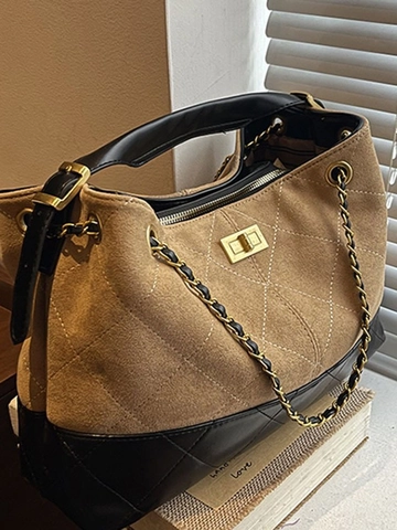 Sac Fourre-tout Femmes Grande Capacité Matelassé Losanges Suédine Cuir PU Vintage Sac à Bandoulière Avec Chaîne Sac à Main