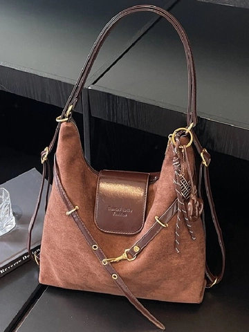 Vintage Women Suede Look PU Leather Large Capacity Shoulder Bag Retro Color Blocking Hobo Tote For Commute Daily Travel