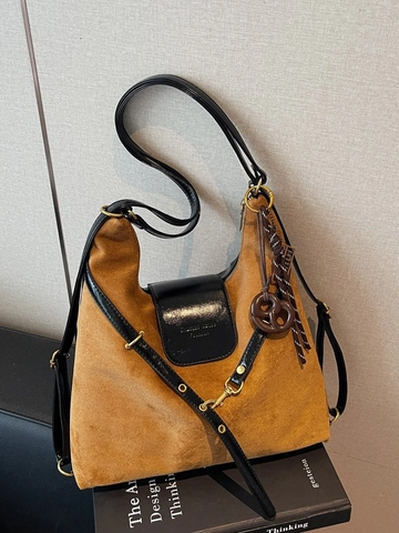 Vintage Women Suede Look PU Leather Large Capacity Shoulder Bag Retro Color Blocking Hobo Tote For Commute Daily Travel