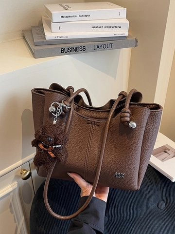 Dames Grote Capaciteit PU Leer Bucket Bag Lychee Textuur Mode Schoudertas Met Pluche Beer Hanger Casual Woon-werkverkeer Tote Bag