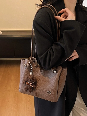 Dames Grote Capaciteit PU Leer Bucket Bag Lychee Textuur Mode Schoudertas Met Pluche Beer Hanger Casual Woon-werkverkeer Tote Bag