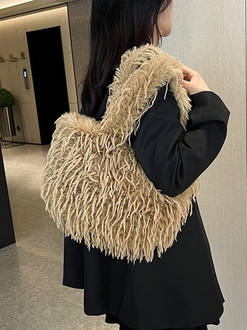 Women Plush Faux Fur Tote Bag Large Capacity Soft Shaggy Shoulder Bag For Autumn Winter Fashion Casual Handbag