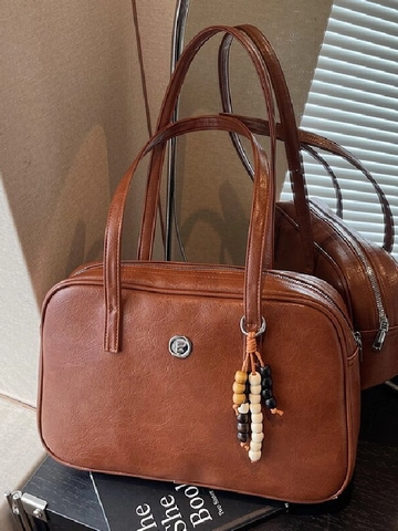 Vintage PU Leather Boston Bag For Women High Capacity Shoulder Bag With Wooden Bead Charm Casual Retro Commuter Handbag