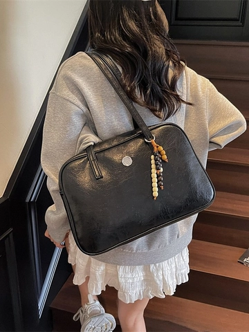 Vintage PU Leather Boston Bag For Women High Capacity Shoulder Bag With Wooden Bead Charm Casual Retro Commuter Handbag