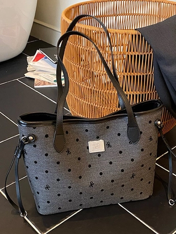Borsa Tote da Donna a Grande Capacità a Pois con Fiocco in PU Borsa a Tracolla Casual Shopping Pendolare Autunno Inverno