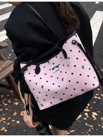 Borsa Tote da Donna a Grande Capacità a Pois con Fiocco in PU Borsa a Tracolla Casual Shopping Pendolare Autunno Inverno
