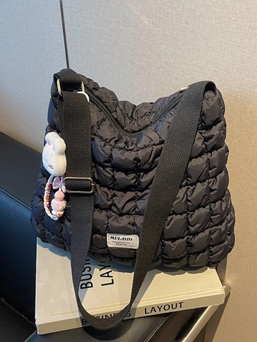Große Gesteppte Puffer Tote Bag Damen Schulter-Umhängetasche Mit Kaninchen-Anhänger Karierte Polyester Tasche Casual