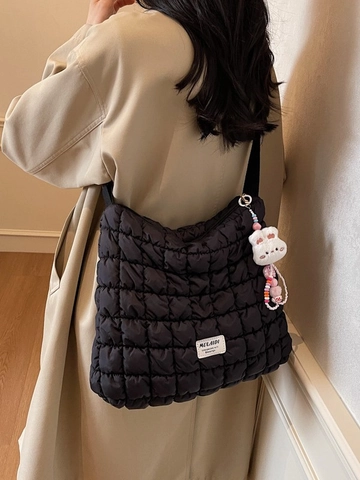 Große Gesteppte Puffer Tote Bag Damen Schulter-Umhängetasche Mit Kaninchen-Anhänger Karierte Polyester Tasche Casual