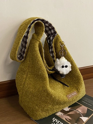 Damen Große Kapazität Wollen Tragetasche Herbst Winter Lässig Umhängetasche Mit Plüsch Monster Anhänger Und Kariertem Futter