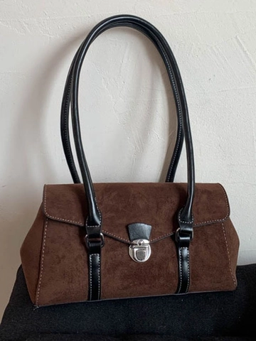 Women's Retro Faux Suede Shoulder Bag Large Capacity Solid Color Underarm Pillow Bag with Metal Buckle Casual Tote Bag