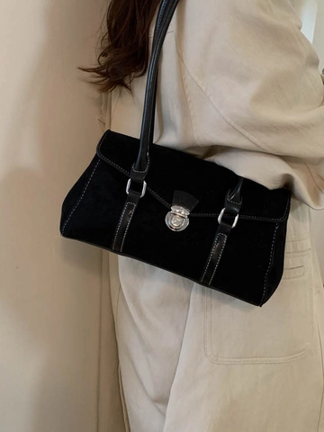 Women's Retro Faux Suede Shoulder Bag Large Capacity Solid Color Underarm Pillow Bag with Metal Buckle Casual Tote Bag