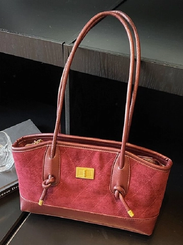 Bolso Tote Vintage de Cuero PU para Mujer Acolchado de Rombos Contraste de Color Moda Invierno Hombro Cierre Metálico