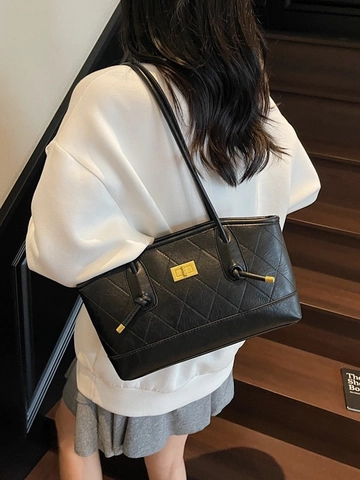 Bolso Tote Vintage de Cuero PU para Mujer Acolchado de Rombos Contraste de Color Moda Invierno Hombro Cierre Metálico
