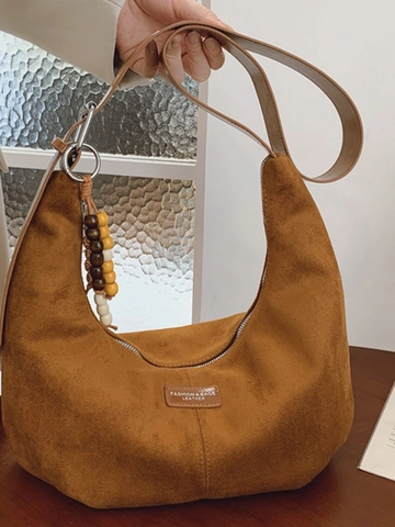 Bolso Bandolera Hobo Vintage de Cuero PU Gran Capacidad Mujer Color Sólido Esmerilado Bolso de Hombro Media Luna Con Colgante Cuentas