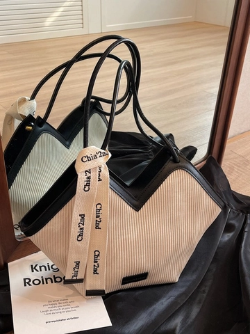 Borsa Tote in Velluto a Coste da Donna Grande Capacità Tracolla con Finiture in Pelle PU Moda Apertura a V Quotidiana