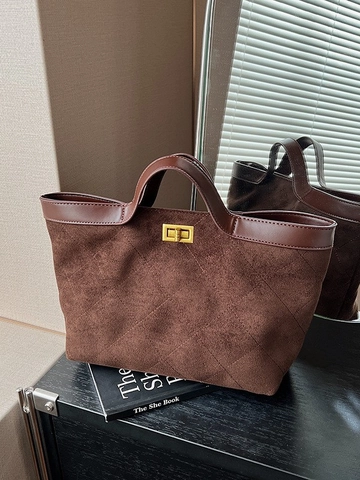 Bolso Tote de Mujer de Cuero PU y Gamuza Vintage de Gran Capacidad Patrón de Rombos Acolchado con Cerradura Bolso Casual Diario