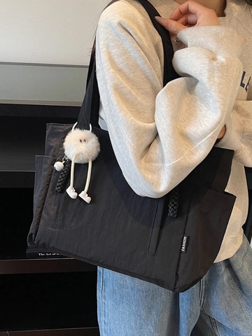 Large Capacity Nylon Tote Bag For Women Lightweight Minimalist Shoulder Bag With Monster Pendant Solid Color Travel Handbag