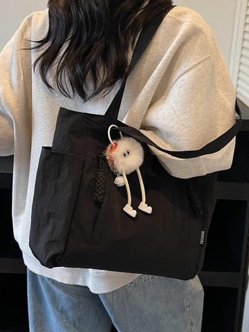 Large Capacity Nylon Tote Bag For Women Lightweight Minimalist Shoulder Bag With Monster Pendant Solid Color Travel Handbag