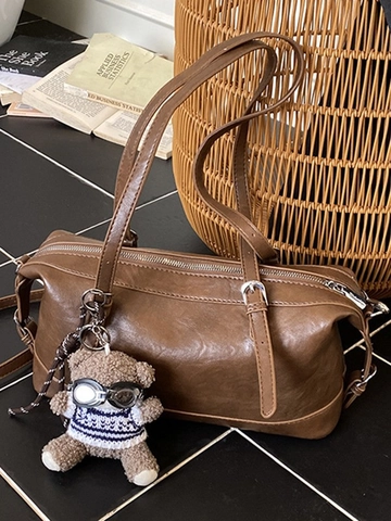 Vintage PU Leather Bowling Shoulder Bag For Women Fashion Goggles Bear Charm Underarm Bag Versatile Daily Casual Handbag