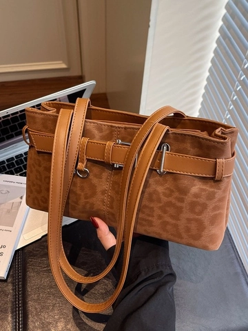 Women Vintage Leopard Print Underarm Bag PU Leather Suede Texture Shoulder Bag With Metal Buckle Decor Casual Fashion Tote Bag