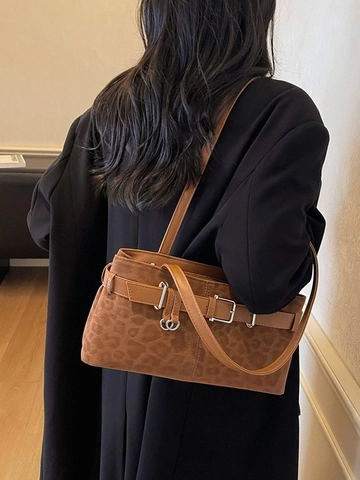 Women Vintage Leopard Print Underarm Bag PU Leather Suede Texture Shoulder Bag With Metal Buckle Decor Casual Fashion Tote Bag