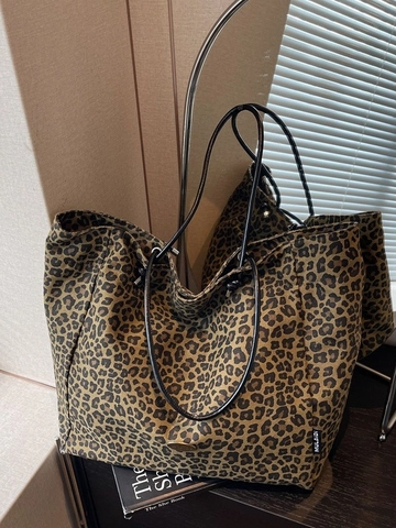Borsa Tote da Donna con Stampa Leopardata Grande Capacità Borsa a Tracolla in Tessuto Vintage Pendolare Retro Casual Shopping