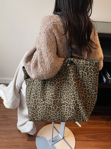 Borsa Tote da Donna con Stampa Leopardata Grande Capacità Borsa a Tracolla in Tessuto Vintage Pendolare Retro Casual Shopping