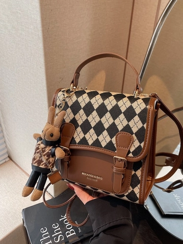 Vintage Argyle Checkerboard Contrast Color Women Backpack PU Leather Stitching Fashion School Bag With Rabbit Charm Daily Casual Student Bag