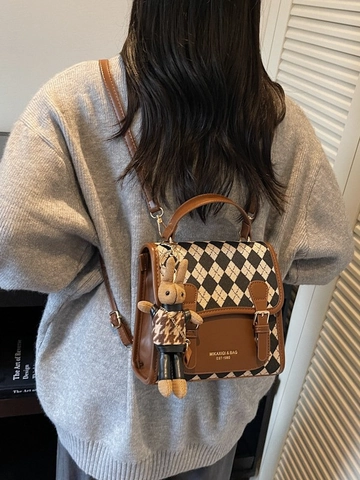 Vintage Argyle Checkerboard Contrast Color Women Backpack PU Leather Stitching Fashion School Bag With Rabbit Charm Daily Casual Student Bag