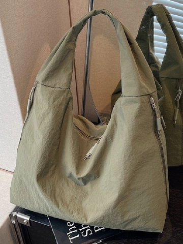 Women's Fashion Wrinkled Nylon Tote Bag Large Capacity Casual Shoulder Bag For Travel Daily Minimalist Lightweight Solid Color Handbag